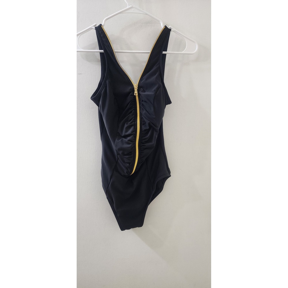 Miraclesuit Womens Black Gold Zip Front Ruched One Piece Swimsuit Size 10